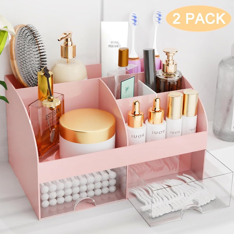 COMFYROOM Makeup Organizer with Drawers, Cosmetic Storage for Dresser Vanity and Bathroom Countertop, Beauty Holder for Lipstick Brush, Skincare Organizer for Vanity, Cosmetic Display Case (Pink-2Pack) - Image 2